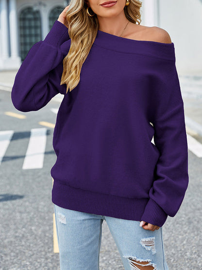 Long Sleeves Loose Solid Color Velvet Off-The-Shoulder Pullovers Sweater Tops by migunica