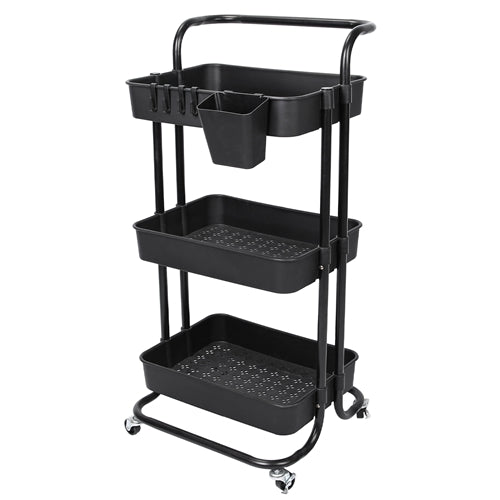 3 Tier Rolling Utility Cart Movable Storage Organizer with Mesh Baskets Lockable Wheels 360 Degree Rotatable Hanging Box Hooks Bedroom Bathroom Kitche - Black by VYSN