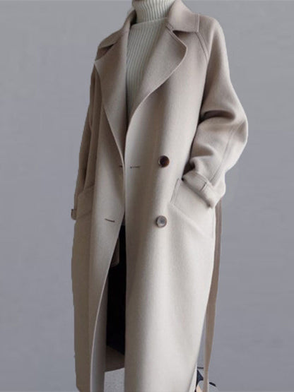 Urban Loose Solid Color Belted Woolen Coat by migunica