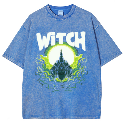 Witch Unisex Oversized Print Vintage Wash Denim T-Shirt by migunica