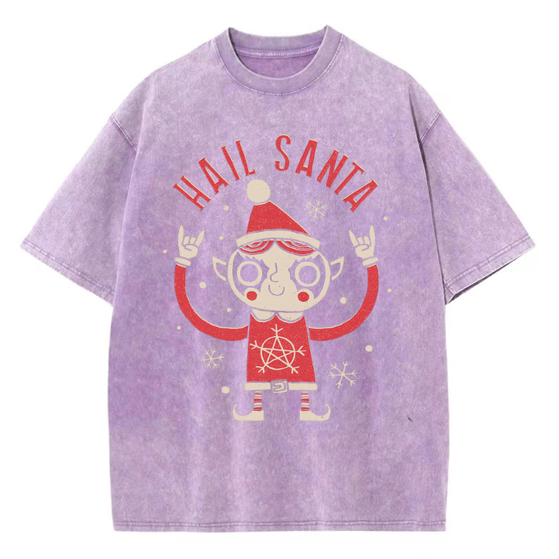 Unisex Hail Santa Printed Retro Washed Short Sleeved T-Shirt by migunica