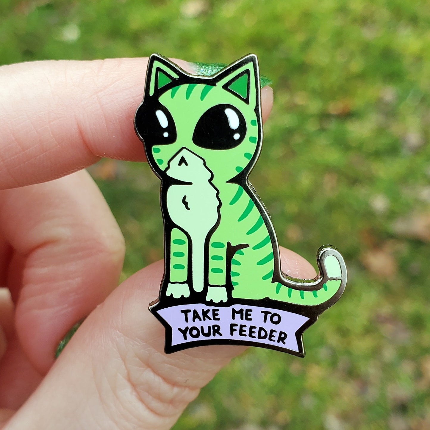 Take Me To Your Feeder Cat Pin by Kolorspun