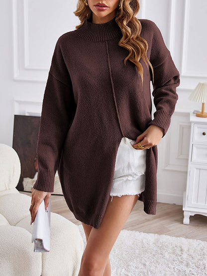 Long Sleeves Loose Solid Color Split-Front Velvet Mock Neck Pullovers Sweater Tops by migunica