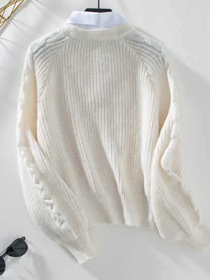 Cable-Knit Collared Neck Faux Layered Sweater