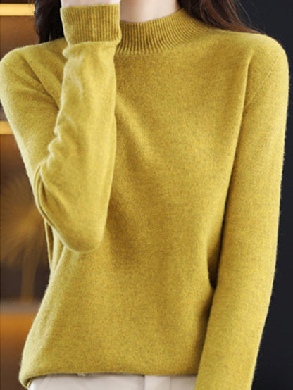 Office Long Sleeves Solid Color High-Neck Sweater Tops Pullovers by migunica