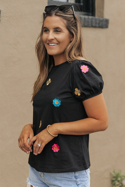 Oaklyn Embroidered Flower Short Puff Sleeve Tee by Threaded Pear