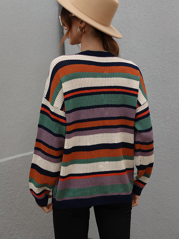 Original Long Sleeves Loose Contrast Color Striped Round-Neck Sweater Tops by migunica