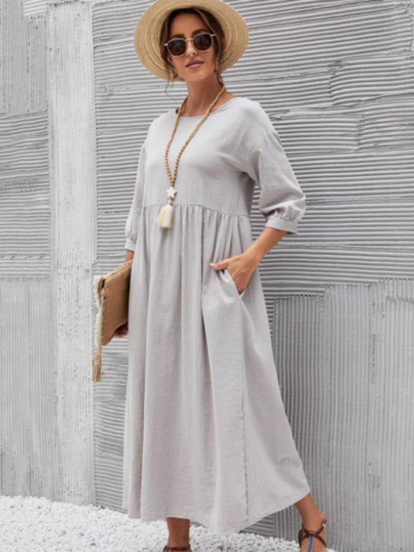 11 Colors Simple Round-Neck Solid Color Midi Dress by migunica