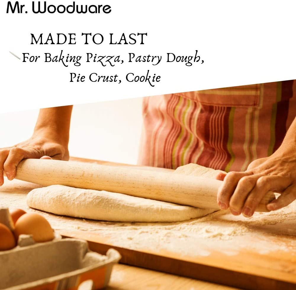 Mr. Woodware - French Wooden Rolling Pin 18″ x 1.55″ for Baking Pizza Pastry Dough, Pie Crust & Cookie by Mr. Woodware