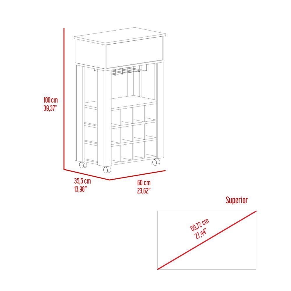 Bar Cart Bayamon, Twelve Wine Cubbies, Four Legs, Light Gray Finish