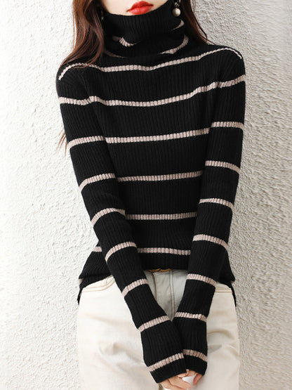 Urban Skinny Striped High-Neck Sweater Tops by migunica