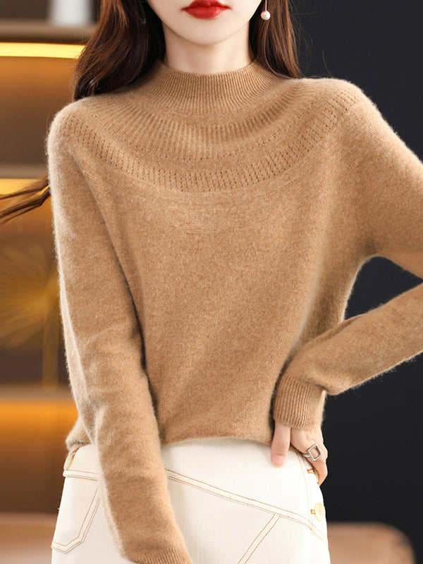 Office Raglan Sleeve Hollow Solid Color High-Neck Sweater Tops by migunica