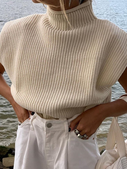 Casual Cap Sleeve Solid Color High-Neck Sweater Tops Pullovers by migunica