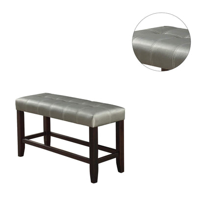 Counter Height 1pc Bench Dining Room Silver Faux Leather Cushion Tufted Seat Wooden Base Comfort Seat Kitchen Dining