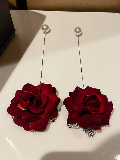 Vintage Red Rose Floral Pearl Earrings Accessories by migunica