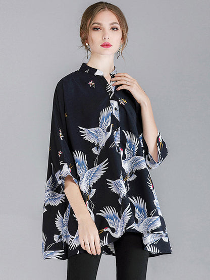 Original Crane Printed Buttoned Stand Collar Half Sleeves Blouse by migunica