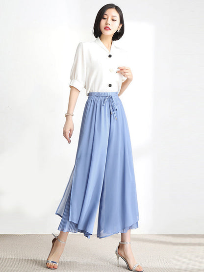 Urban Drawstring High-Waisted Wide Leg Chiffon Pants by migunica