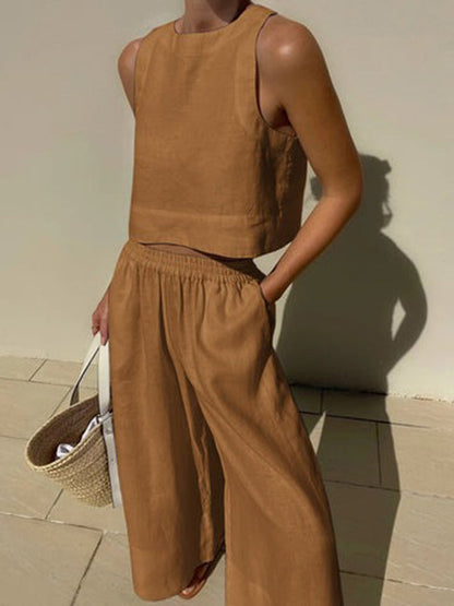 Solid Color Round-Neck Sleeveless Vest + Elasticity Wide Leg Pants Two Pieces Set by migunica