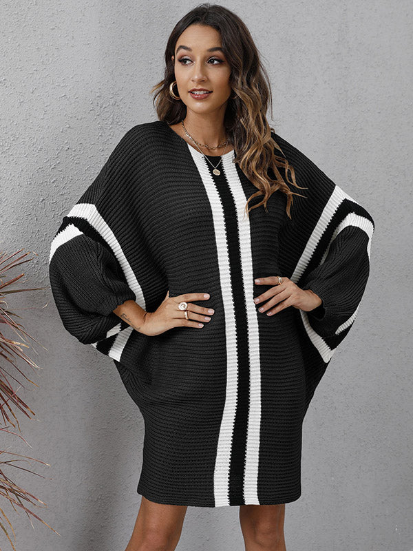 Original Loose 4 Colors Striped Round-Neck Batwing Long Sleeves Sweater Dress by migunica