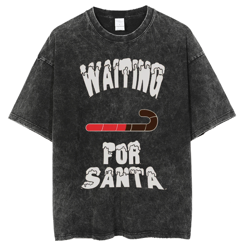 Unisex Waiting For Santa Printed Retro Washed Short Sleeved T-Shirt by migunica