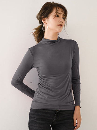 10 Colors Simple Solid Color Long Sleeves High-Neck T-Shirt Top by migunica