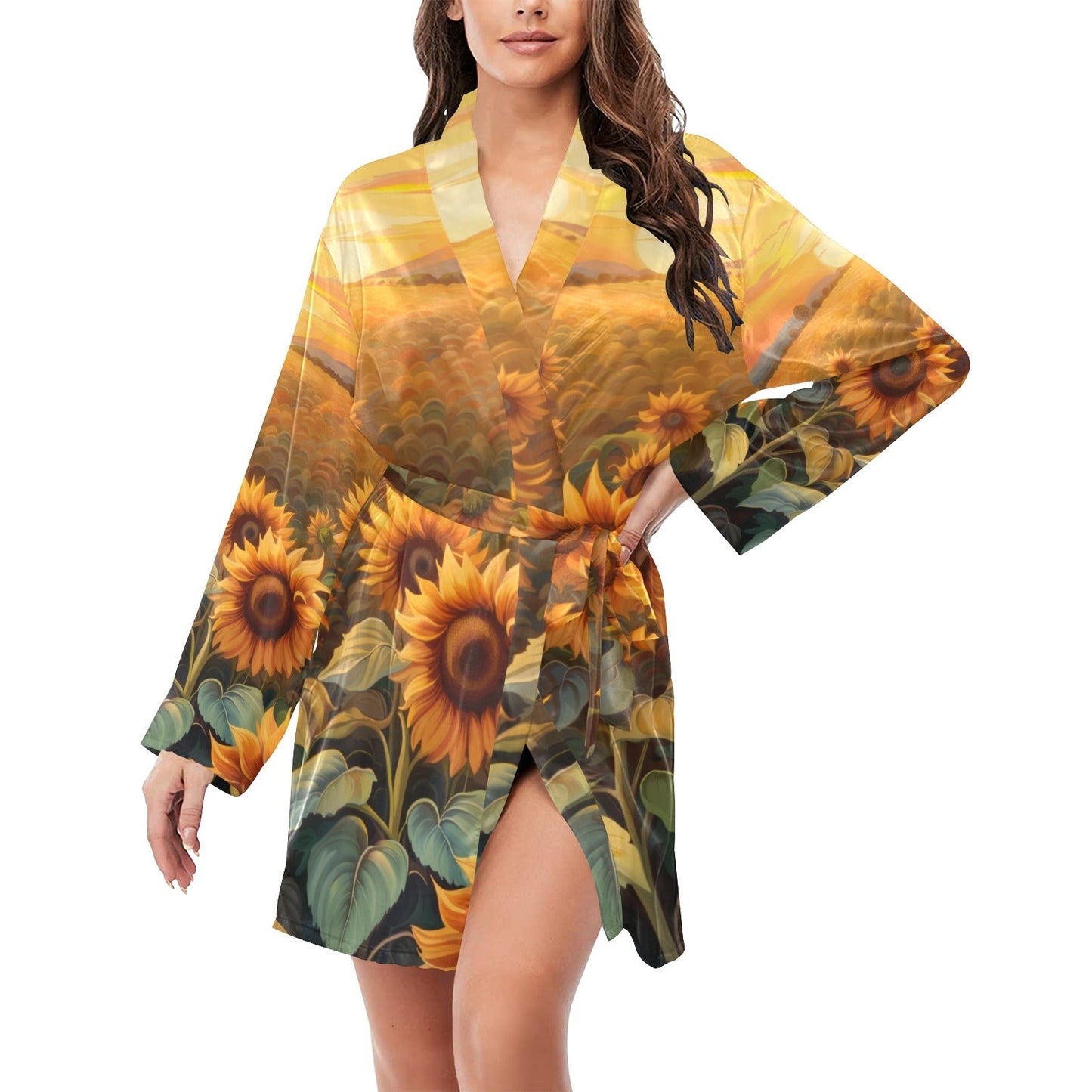 Sunflower Field Women's Long Sleeve Belted Satin Feel Dressing Lounge Robe by Baha Ranch Western Wear