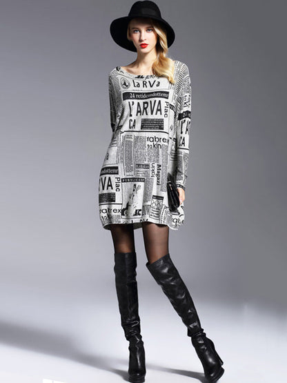 Vintage Loose One-Shoulder Newspaper Printed Split-Joint Sweater by migunica