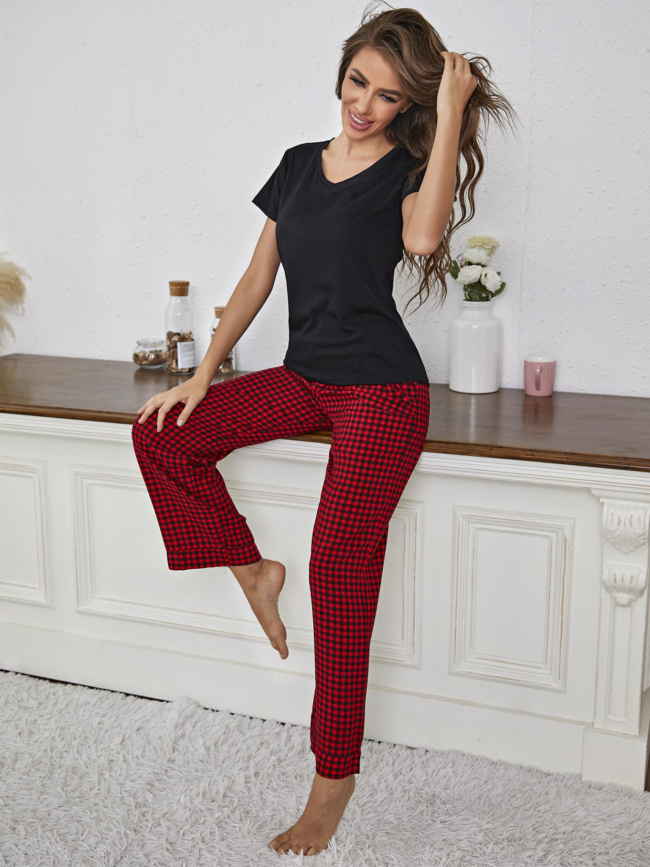 V-Neck Top and Gingham Pants Lounge Set by BlakWardrob