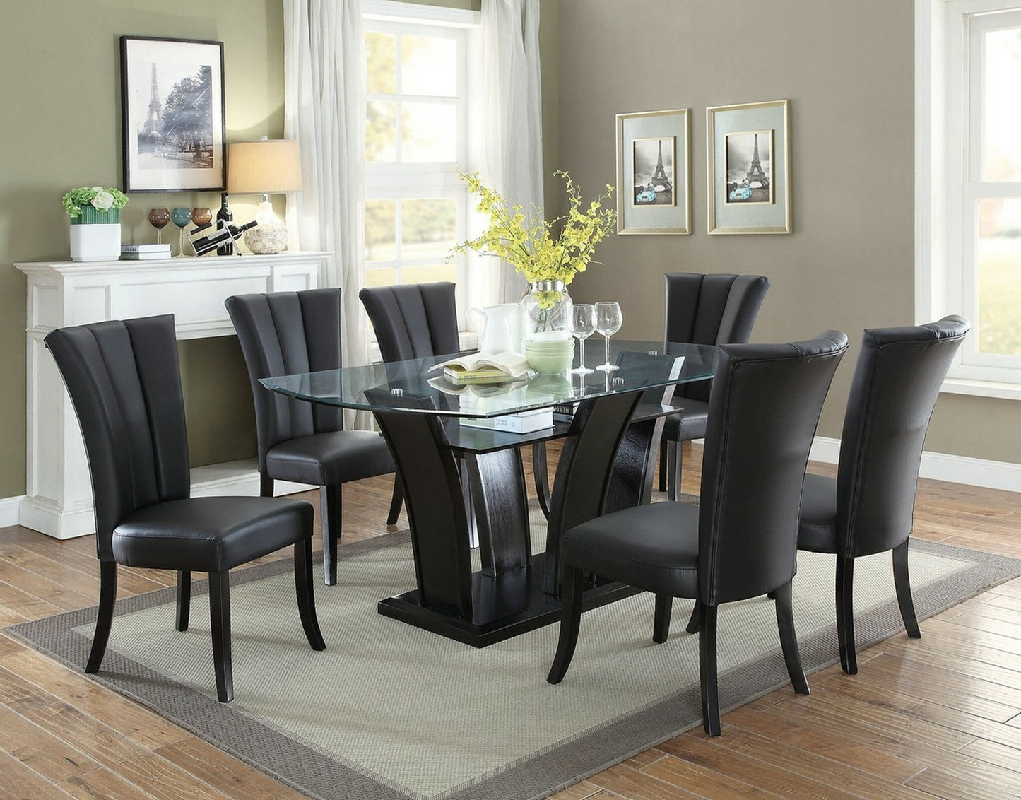 Black Faux Leather Upholstered Lines back Set of 2pc Chairs Dining Room Wide Flair back Chair