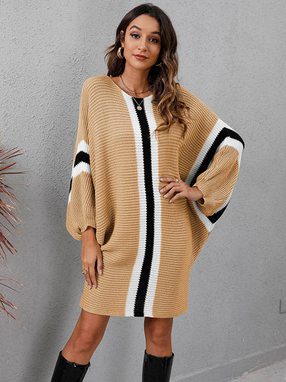 Original Loose 4 Colors Striped Round-Neck Batwing Long Sleeves Sweater Dress by migunica