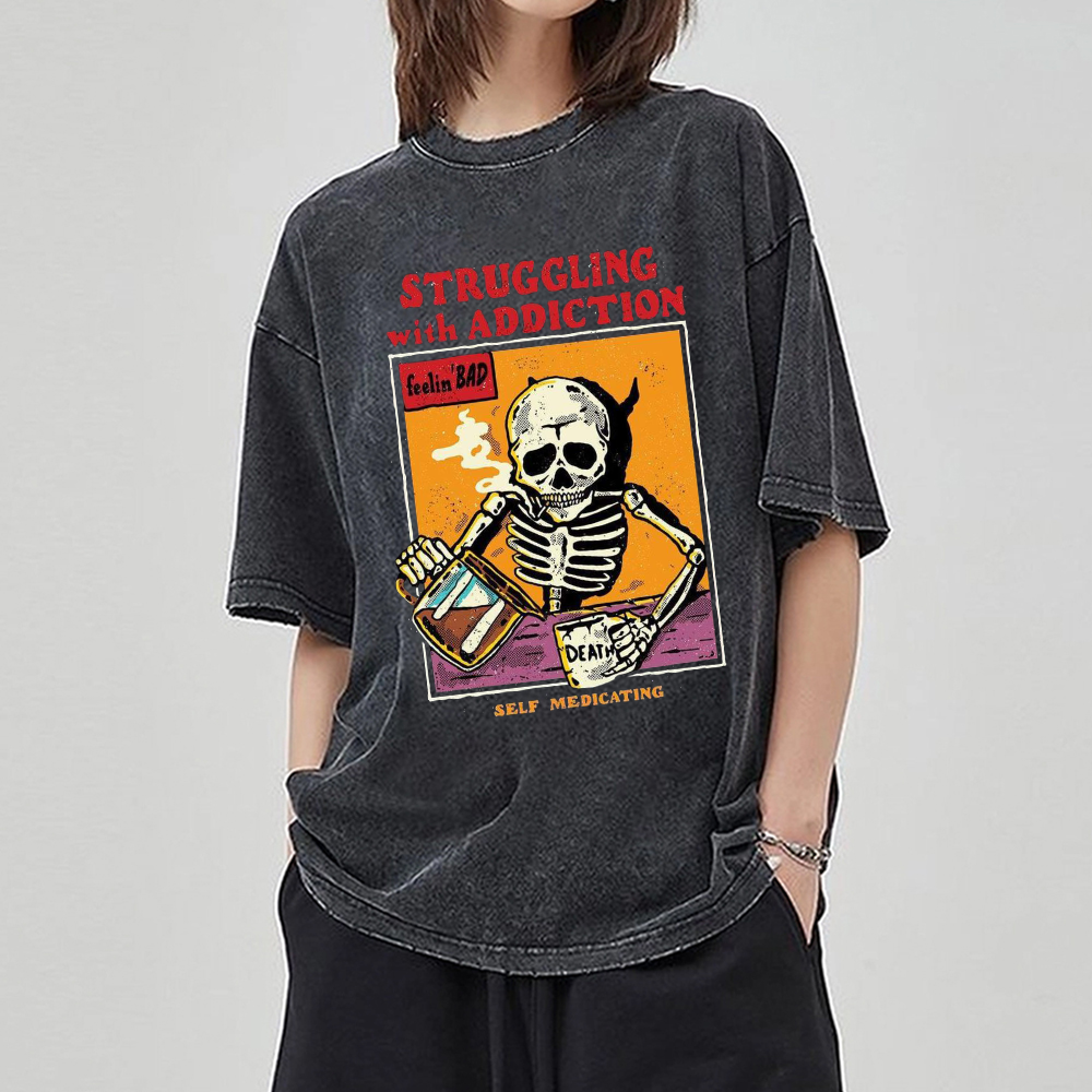 Unisex Struggling With Addiction Skull Illustration Printed Retro Washed Short Sleeved T-Shirt by migunica