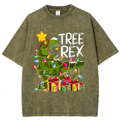 Tree Rex Unisex Oversized Print Vintage Wash Denim T-Shirt by migunica