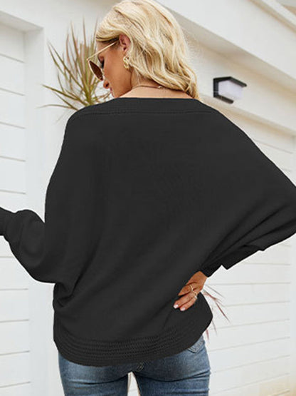 Loose Batwing Sleeves Twist Solid Color V-Neck Sweater Tops by migunica