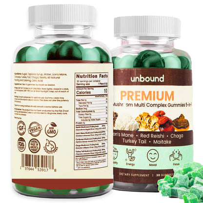 Premium Organic Mushroom Multi-Complex Gummies 5 in 1, Chaga, Lion's Mane, Reishi, Turkey Tail, Maitake by Live Unbound