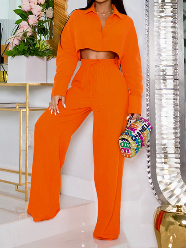 Solid Color Long Sleeves Blouse + Drawstring Elasticity High-Waisted Wide-Leg Pants Trousers Two Pieces Set by migunica