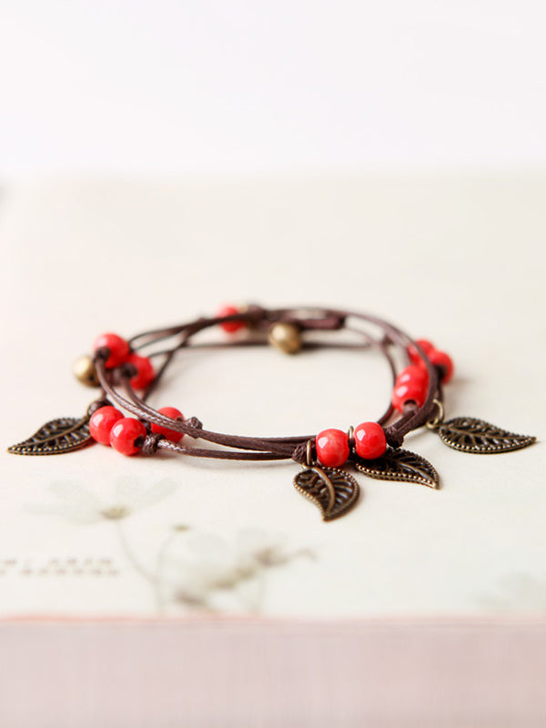 Original National Handmade 7 Colors Ceramic Bead Alloy Leaf Bracelet by migunica