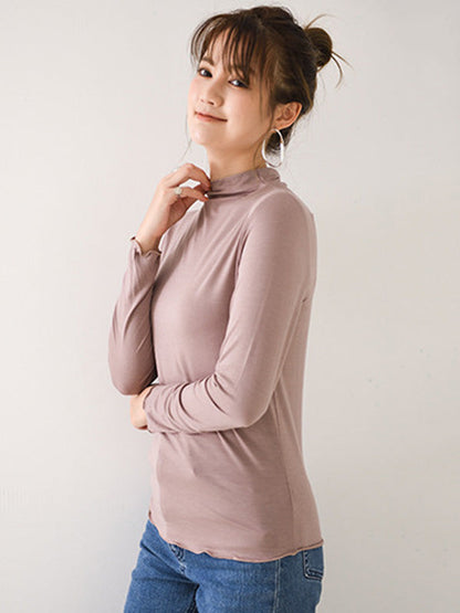 10 Colors Simple Solid Color Long Sleeves High-Neck T-Shirt Top by migunica