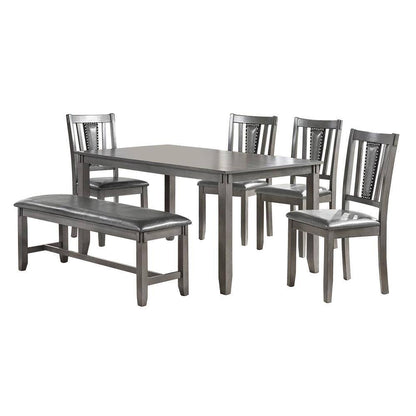 Dining Room Furniture Gray Color 6pc Set Dining Table 4x Side Chairs and A Bench Solid wood Rubberwood and veneers