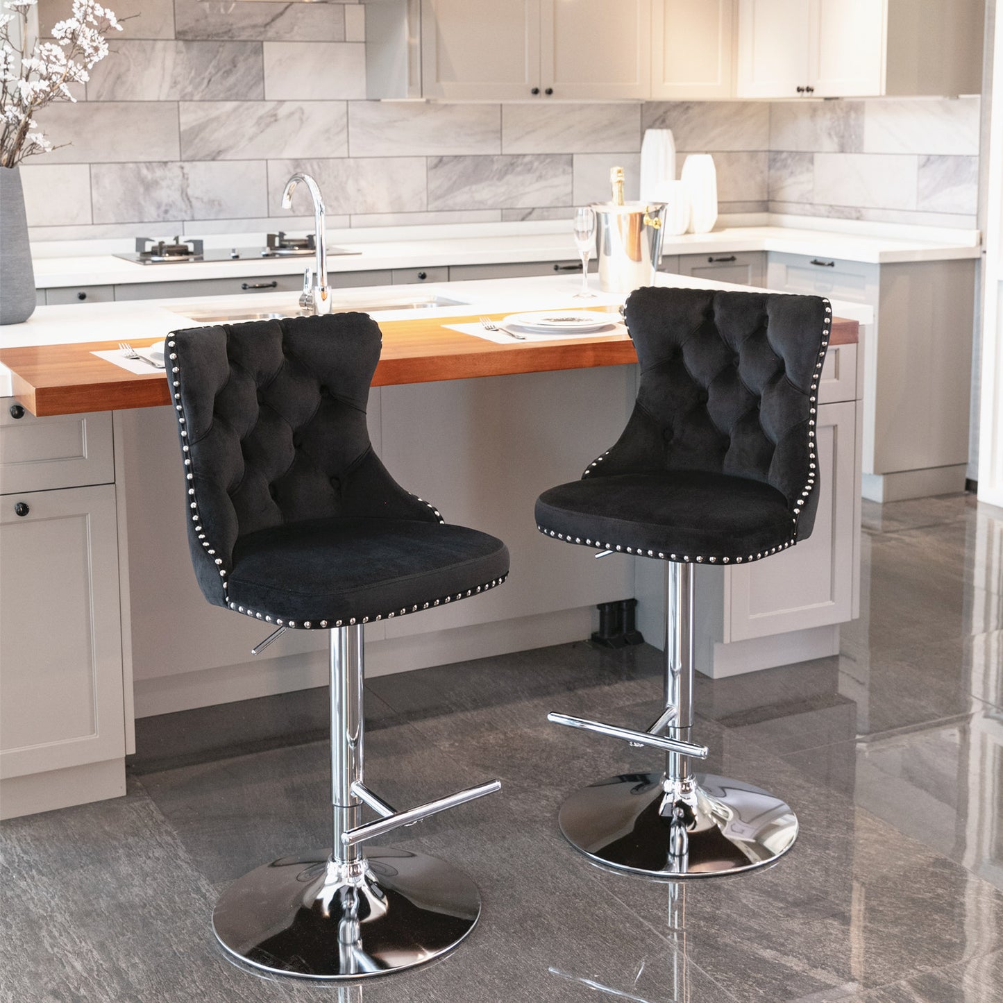 A&A Furniture,Swivel Velvet Barstools Adjusatble Seat Height from 25-33 Inch, Modern Upholstered Chrome base Bar Stools with Backs Comfortable Tufted for Home Pub and Kitchen Island（Black,Set of 2）