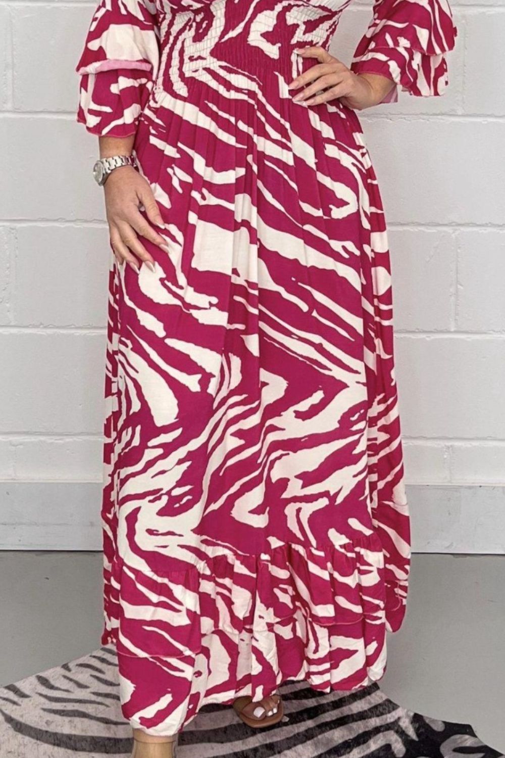 Smocked Printed Flounce Sleeve Maxi Dress by BlakWardrob