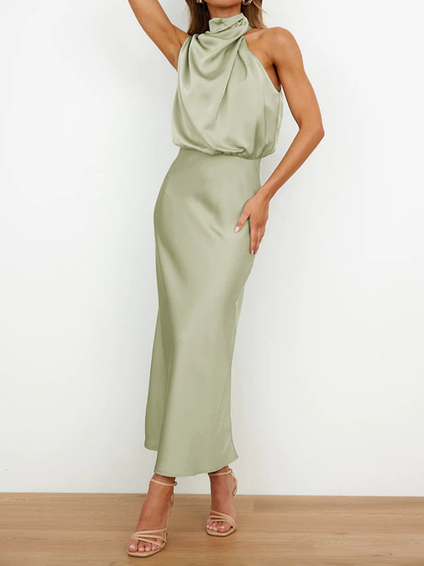 Sleeveless Solid Color Halter-Neck Midi Dresses by migunica