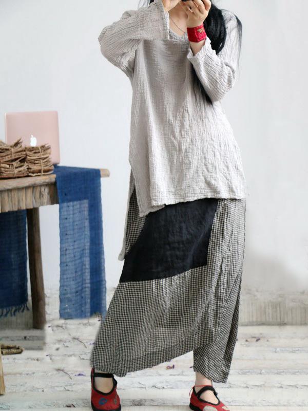 Vintage Plaid Split-joint Cropped Linen Pants by migunica