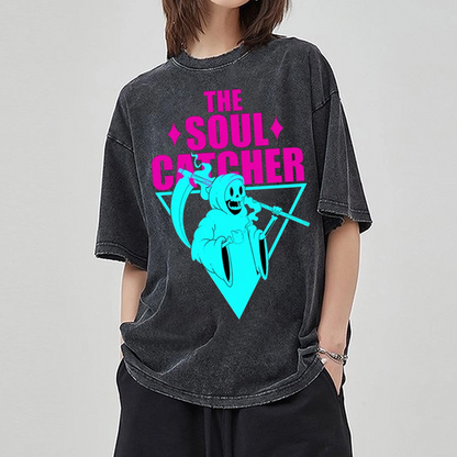 Unisex The Soul Catcher Printed Retro Washed Short Sleeved T-Shirt by migunica