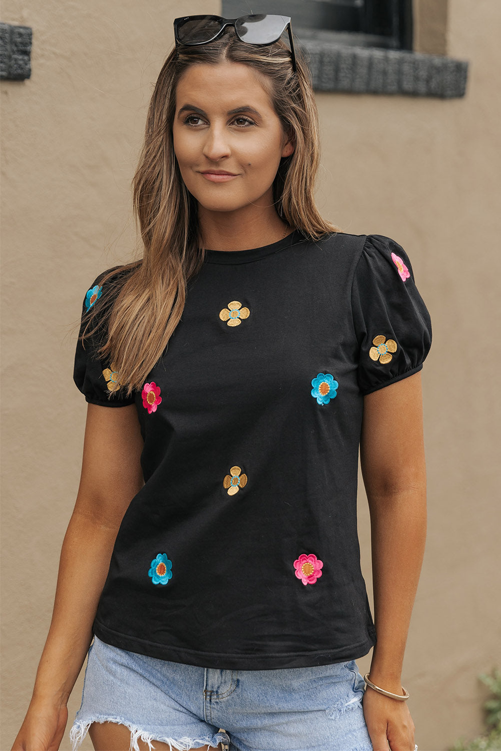 Oaklyn Embroidered Flower Short Puff Sleeve Tee by Threaded Pear