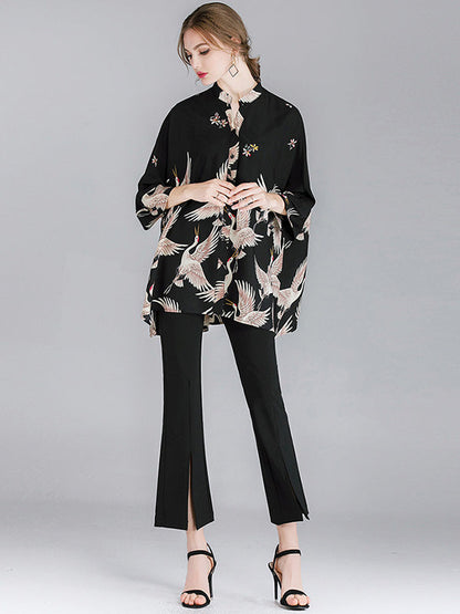 Original Crane Printed Buttoned Stand Collar Half Sleeves Blouse by migunica