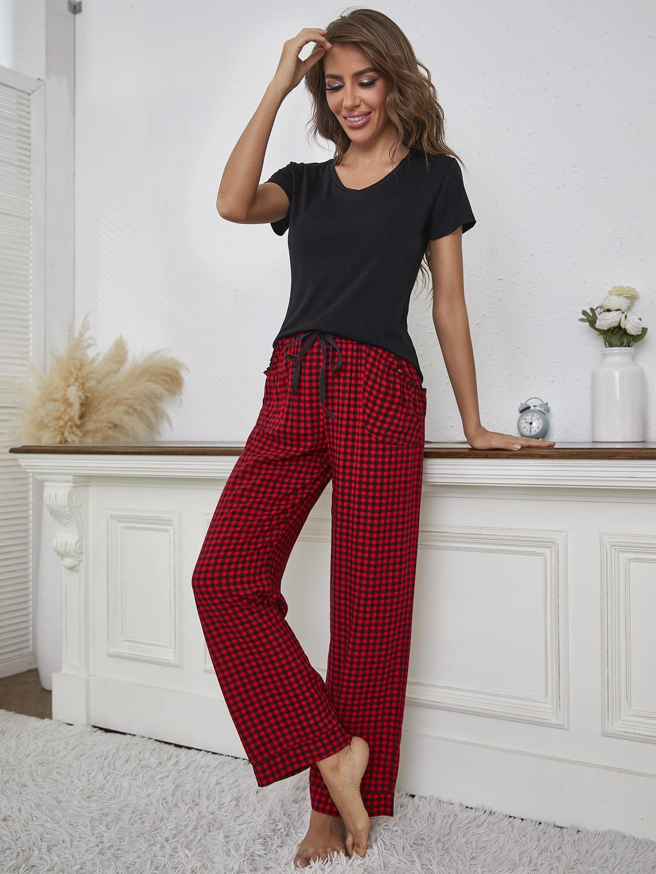 V-Neck Top and Gingham Pants Lounge Set by BlakWardrob