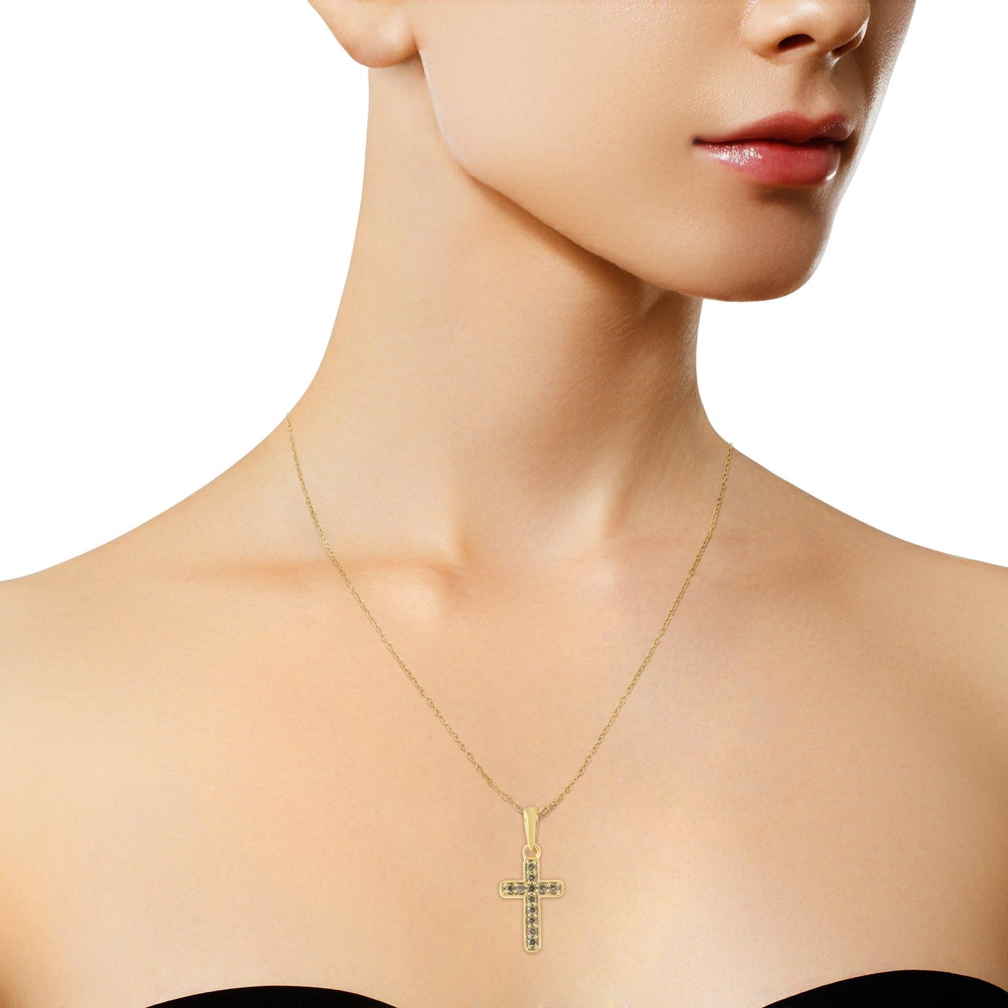 10K Yellow Gold Flashed .925 Sterling Silver 1/4 Cttw Champagne Diamond Cross Pendant Necklace (K-L Color, I1-I2 Clarity) - 18" by Infinite Jewels