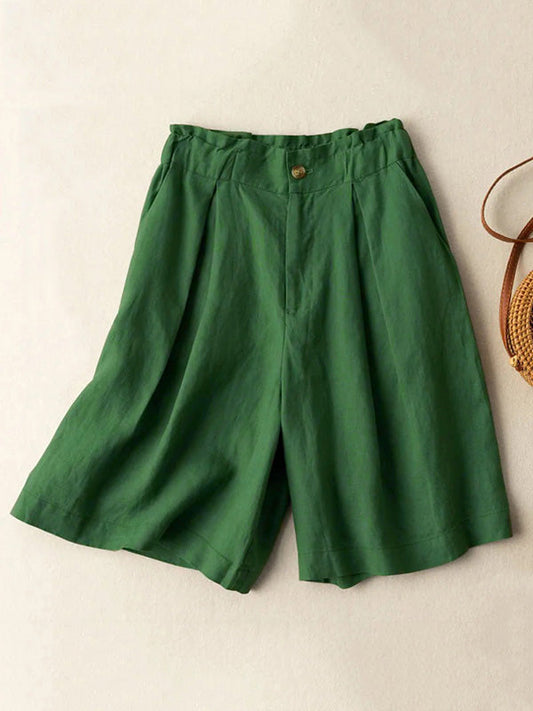 Vintage Solid Color Pleated High Waisted Shorts by migunica