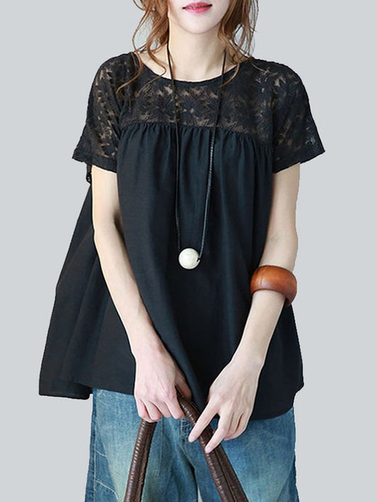 Vintage Solid Color Split-Joint Pleated Embroidered Hollow Lace Round-Neck Short Sleeves T-Shirt by migunica