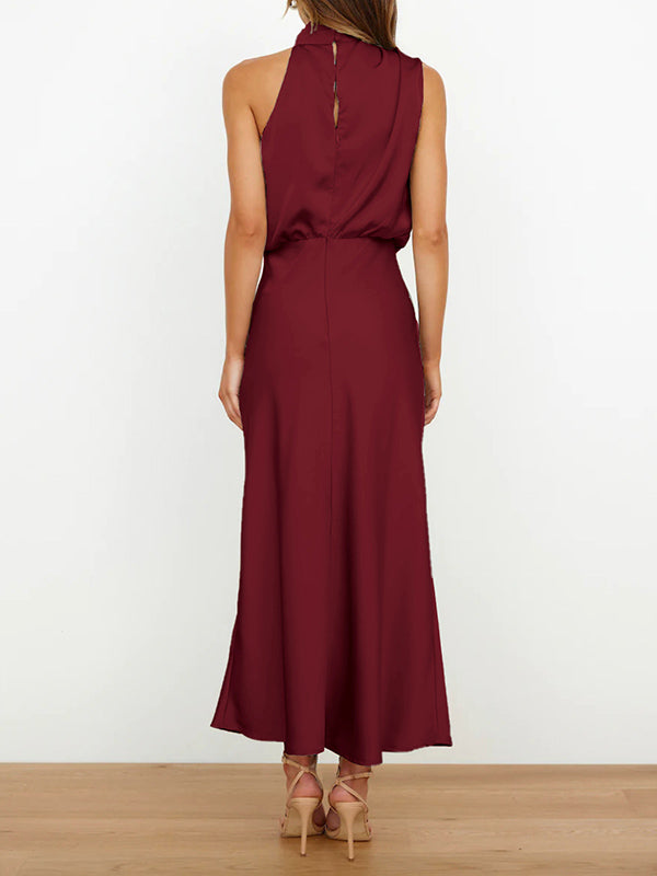 Sleeveless Solid Color Halter-Neck Midi Dresses by migunica